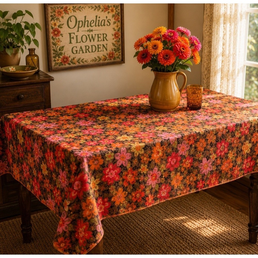 Vintage 1960s Floral Tablecloth 52x68 Cotton Flowers Pink Orange Romantic